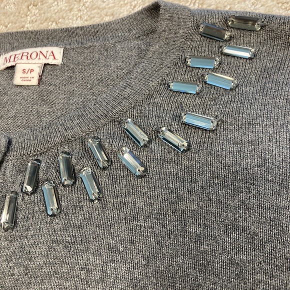 Cardigan Embellished Rectangular Baguette Button Up Sweater Gray Small Womens - Picture 6 of 9